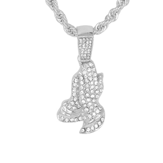 Iced Medium Praying Hands Pendant with 4mm Rope Chain 24" - HC-1054