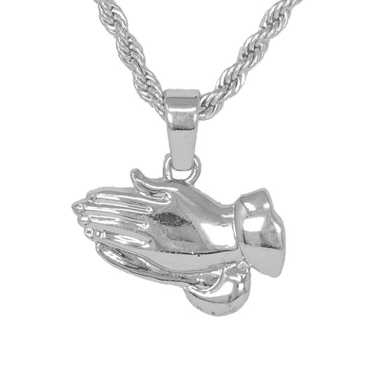 Iced Medium Praying Hands Pendant with 4mm Rope Chain 24" - HC-1096*
