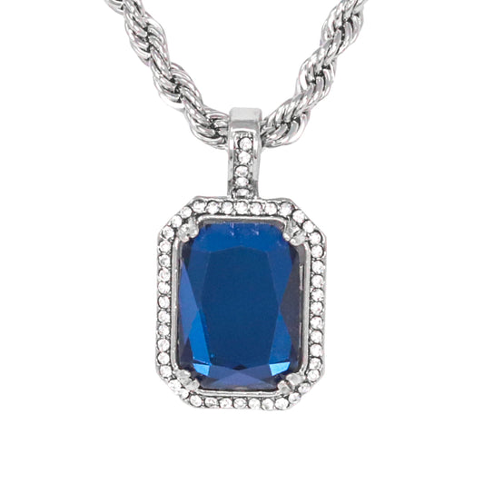 Iced Medium Blue Stone Pendant with 4mm Rope Chain 24" - HC-1107*