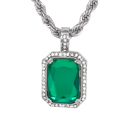 Iced Medium Green Amulet Pendant with 4mm Rope Chain 24" - HC-1108*