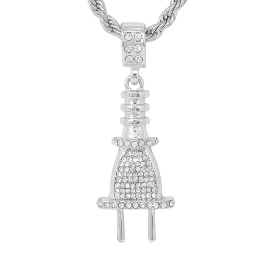 Iced Medium Plug Pendant with 4mm Rope Chain 24" - HC-1123*