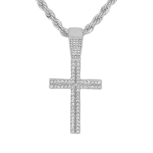 Iced Medium Cross Pendant with 4mm Rope Chain 24" - HC-1129