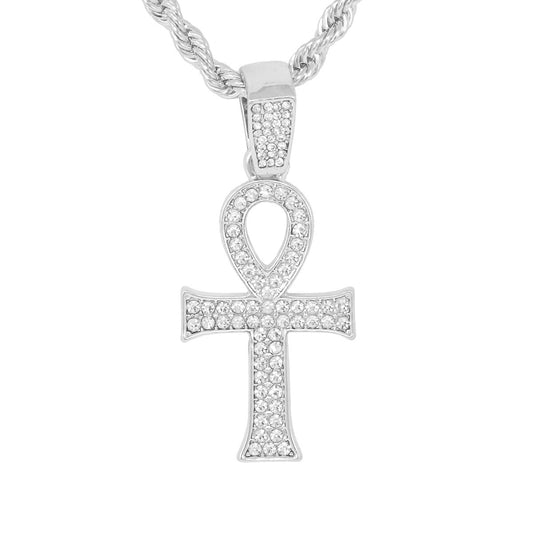 Iced Medium Ankh Cross Pendant with 4mm Rope Chain 24" - HC-1135