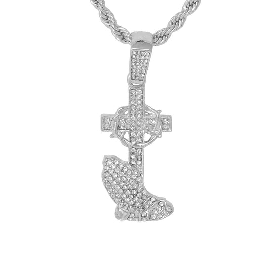 Iced Medium Praying Hands Pendant with 4mm Rope Chain 24" - HC-1155