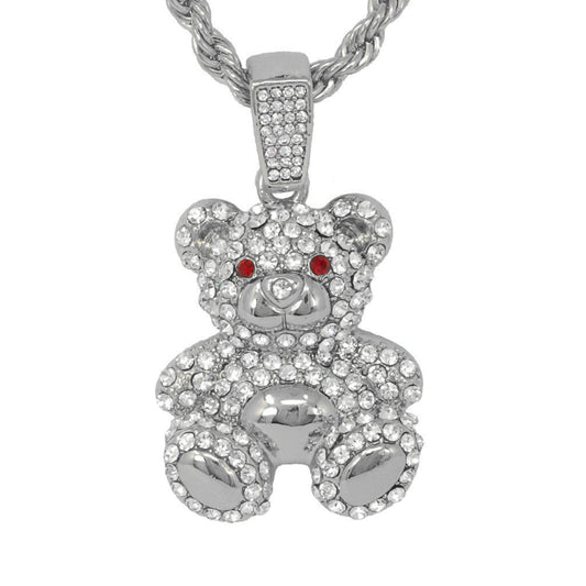 Iced Medium Teddy Bear Pendant with 4mm Rope Chain 24" - HC-1157