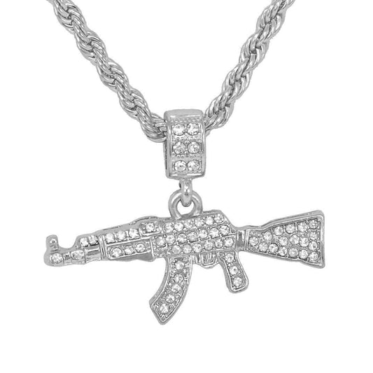 Iced Medium Gun Pendant with 4mm Rope Chain 24" - HC-1164