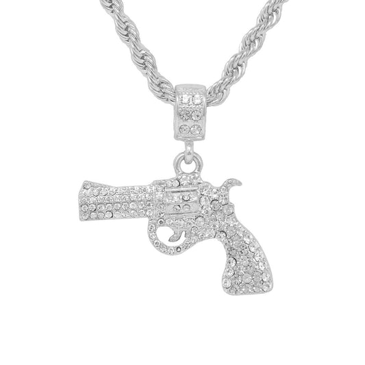 Iced Medium Gun Pendant with 4mm Rope Chain 24" - HC-1165