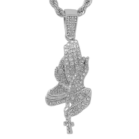 Iced Medium Praying Hand Pendant with 4mm Rope Chain 24" - HC-1176