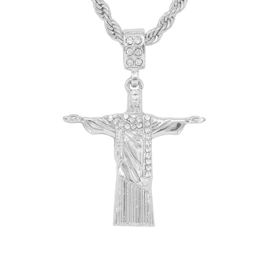 Iced Medium Christ The Redeemer Pendant with 4mm Rope Chain 24" - HC-1184*
