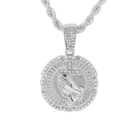 Iced Medium Praying Hands Pendant with 4mm Rope Chain 24" - HC-1185*