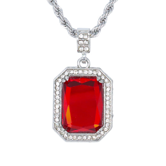 Iced Medium Ruby Stone Pendant with 4mm Rope Chain 24" - HC-1201*