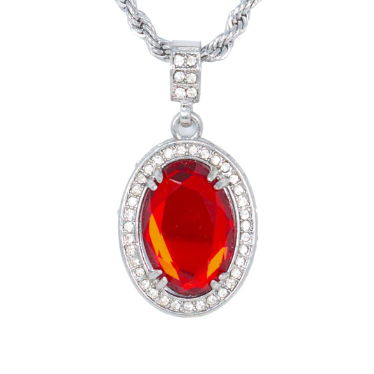 Iced Medium Ruby Stone Pendant with 4mm Rope Chain 24" - HC-1204*