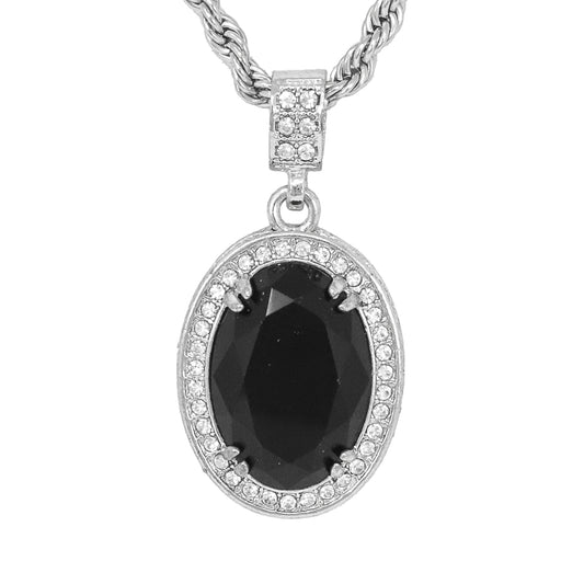 Iced Medium Black Stone Pendant with 4mm Rope Chain 24" - HC-1205*