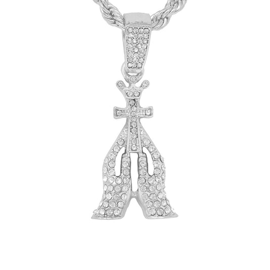 Iced Medium Praying Hands Pendant with 4mm Rope Chain 24" - HC-1232*