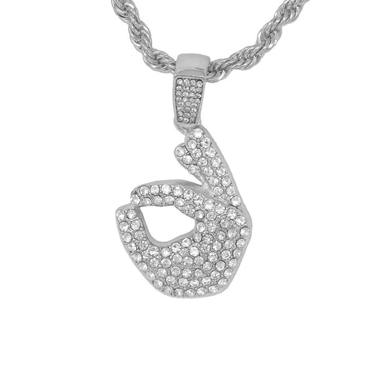 Iced Medium Hand Pendant with 4mm Rope Chain 24" - HC-1235*