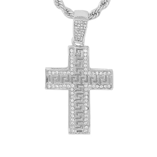Iced Medium Cross Pendant with 4mm Rope Chain 24" - HC-1240