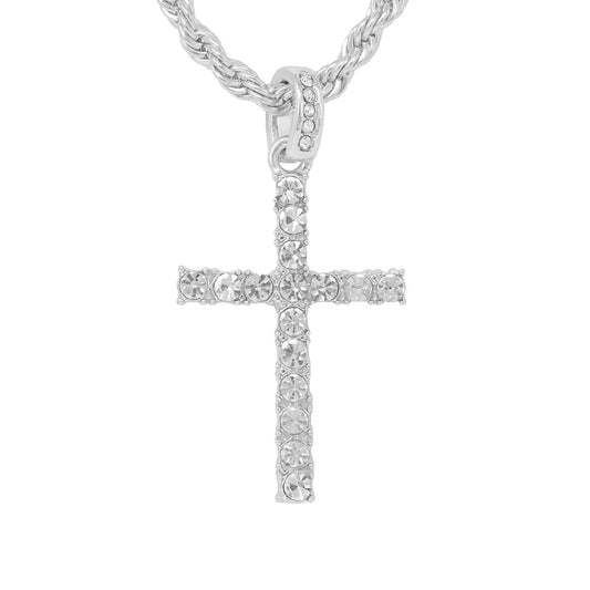 Iced Medium Cross Pendant with 4mm Rope Chain 24" - HC-1290