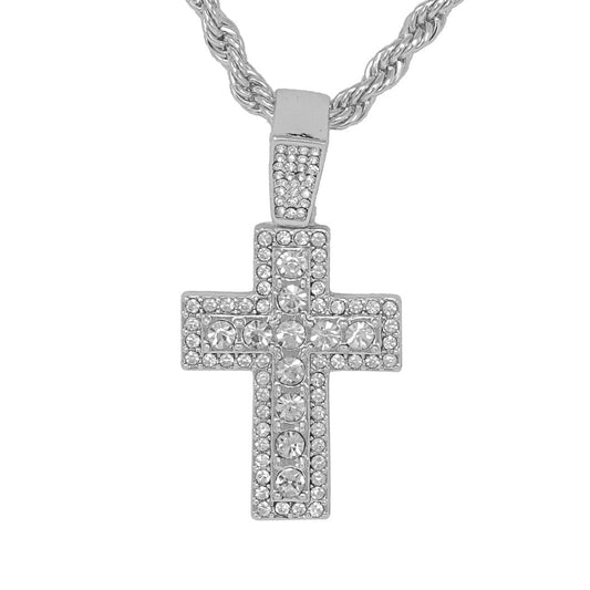 Iced Medium Cross Pendant with 4mm Rope Chain 24" - HC-1330