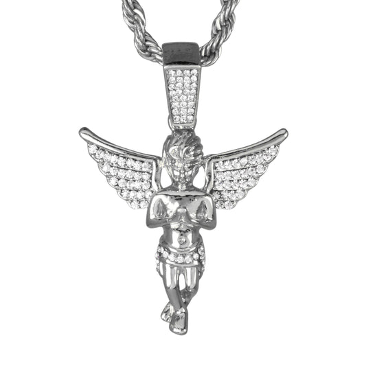 Iced Medium Angel Pendant with 4mm Rope Chain 24" - HC-1344