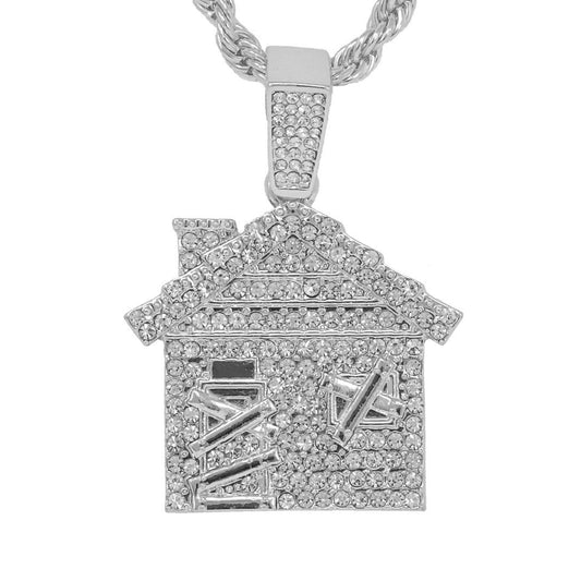 Iced Medium House Pendant with 4mm Rope Chain 24" - HC-1348*