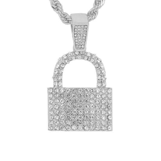 Iced Medium Lock Pendant with 4mm Rope Chain 24" - HC-1366