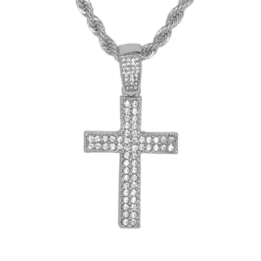 Iced Medium Cross Pendant with 4mm Rope Chain 24" - HC-1370