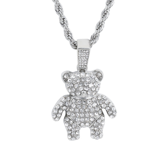 Iced Medium Teddy Bear Pendant with 4mm Rope Chain 24" - HC-1709