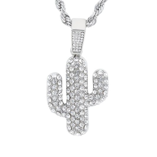 Iced Medium Cactus Pendant with 4mm Rope Chain 24" - HC-1718*