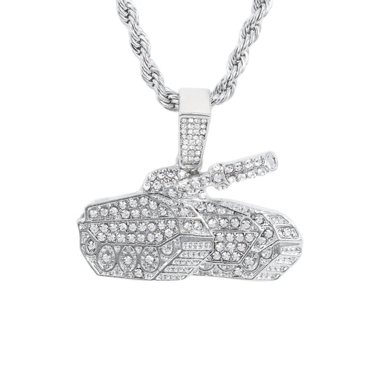 Iced Medium Tank Pendant with 4mm Rope Chain 24" - HC-1720