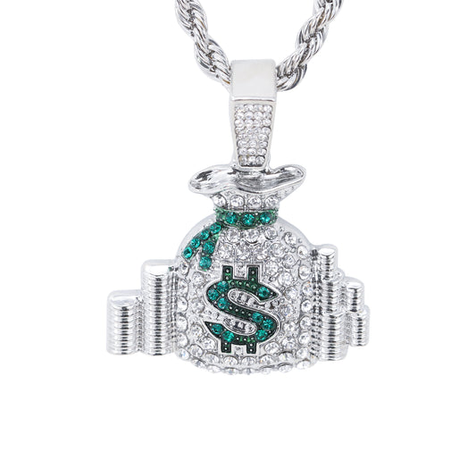 Iced Medium Money Pendant with 4mm Rope Chain 24" - HC-1721