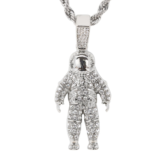 Iced Medium Astronaut Pendant with 4mm Rope Chain 24" - HC-1726