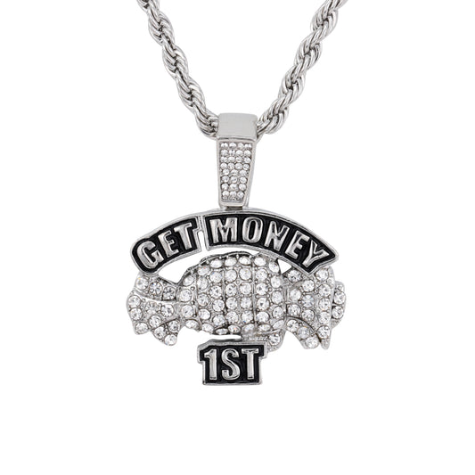 Iced Medium Money Pendant with 4mm Rope Chain 24" - HC-1734*