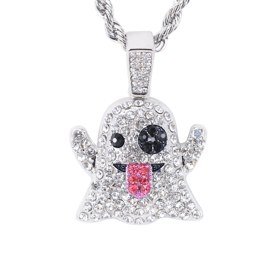Iced Medium Ghost Pendant with 4mm Rope Chain 24" - HC-1738