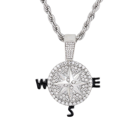 Iced Medium Compass Pendant with 4mm Rope Chain 24" - HC-1740*