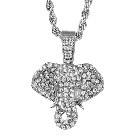 Iced Medium Elephant Pendant with 4mm Rope Chain 24" - HC-1754