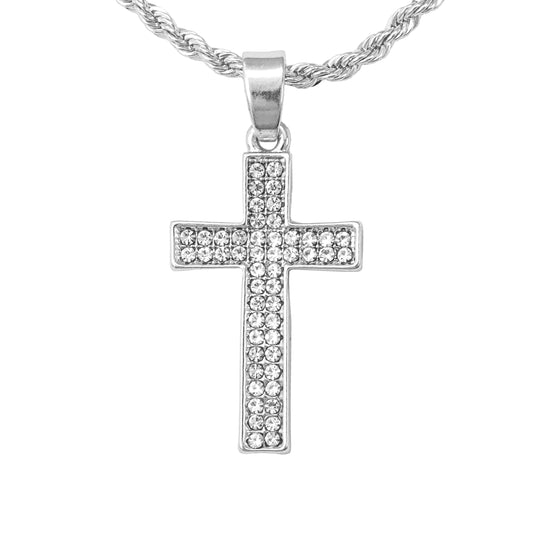 Iced Mini Cross Pendant with 3mm Rope Chain 24" - HC-205