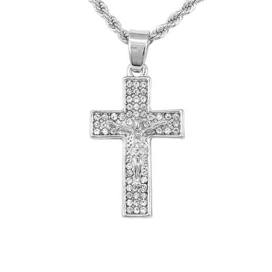 Iced Mini Crucifix Pendant with 3mm Rope Chain 24" - HC-208