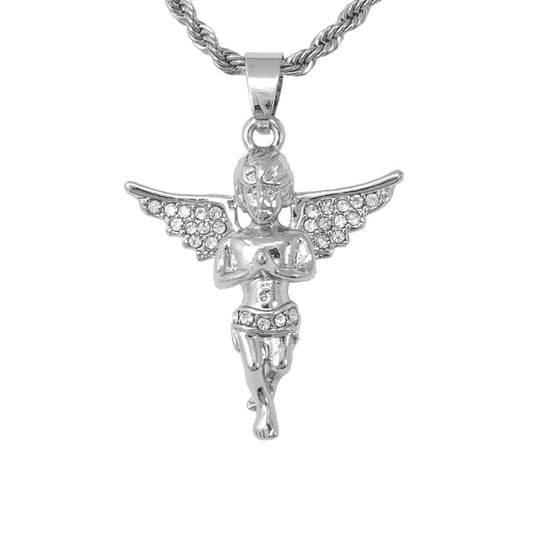 Iced Mini Angel Pendant with 3mm Rope Chain 24" - HC-214