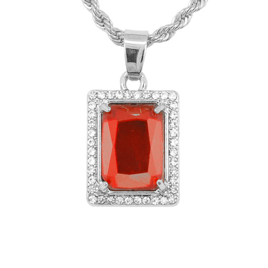 Iced Mini RubyStone Pendant with 3mm Rope Chain 24" - HC-223