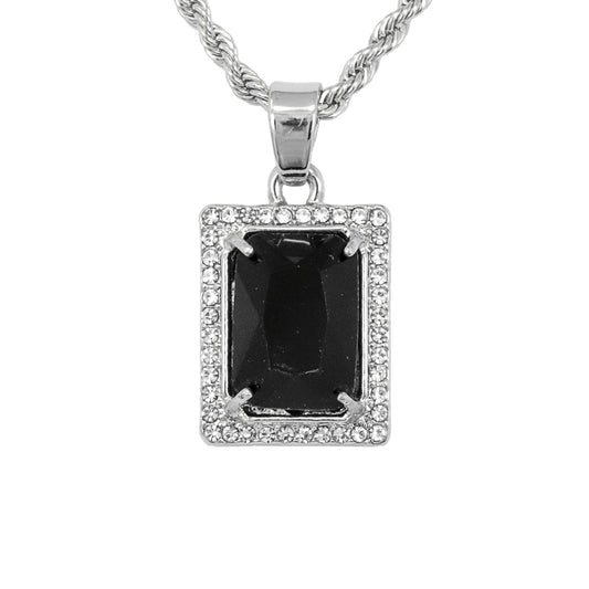 Iced Mini Black Stone Pendant with 3mm Rope Chain 24" - HC-224**