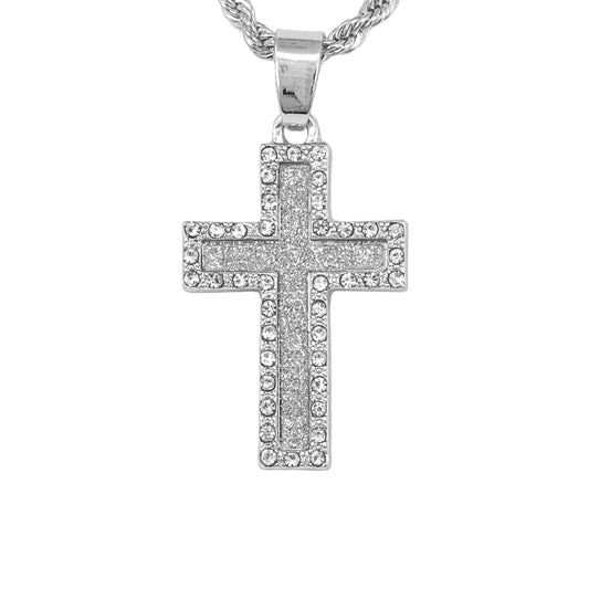 Iced Mini Cross Pendant with 3mm Rope Chain 24" - HC-227