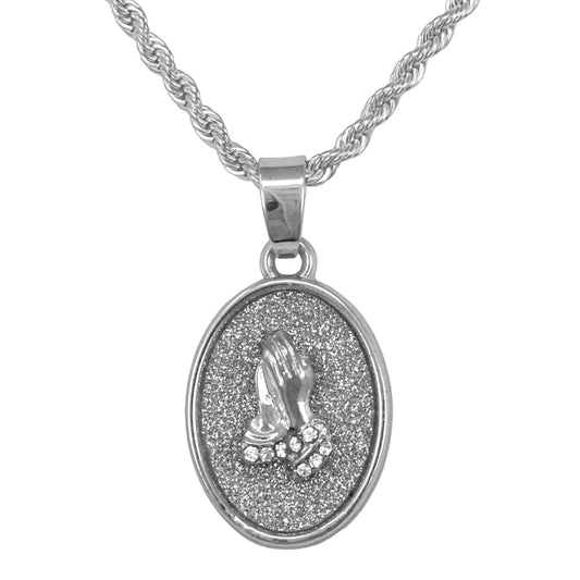 Iced Mini Praying Hands Pendant with 3mm Rope Chain 24" - HC-232**