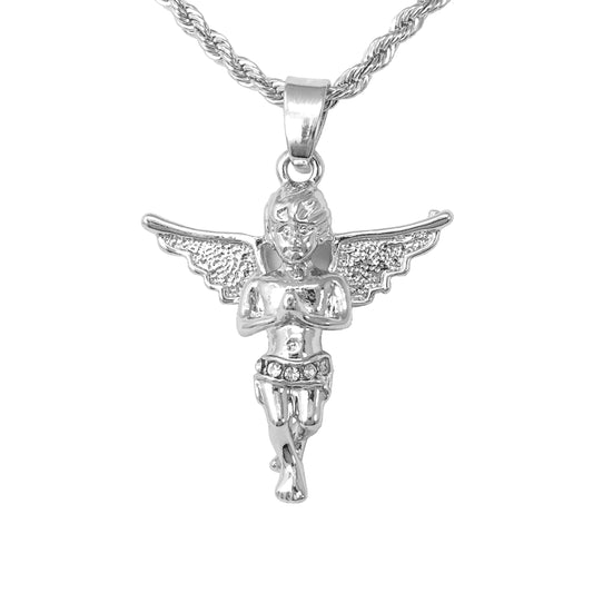 Iced Mini Angel Pendant with 3mm Rope Chain 24" - HC-238**
