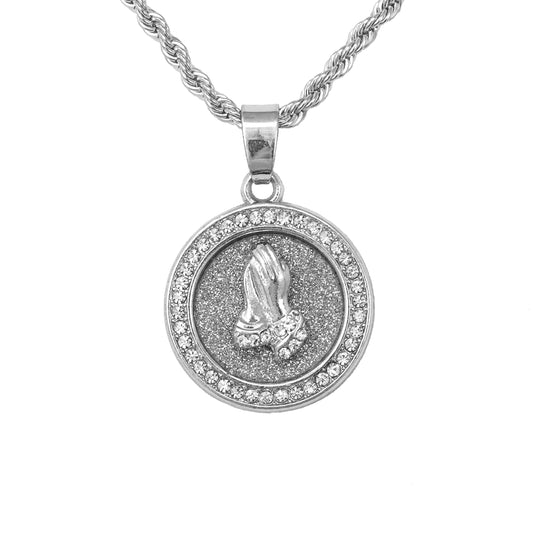 Iced Mini Praying Hands Pendant with 3mm Rope Chain 24" - HC-241