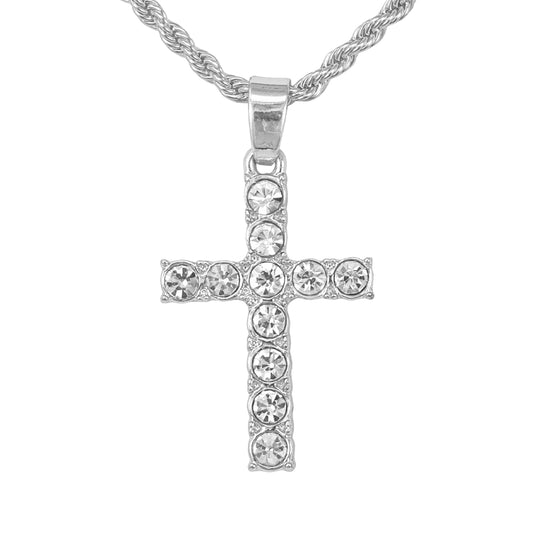 Iced Mini Cross Pendant with 3mm Rope Chain 24" - HC-244