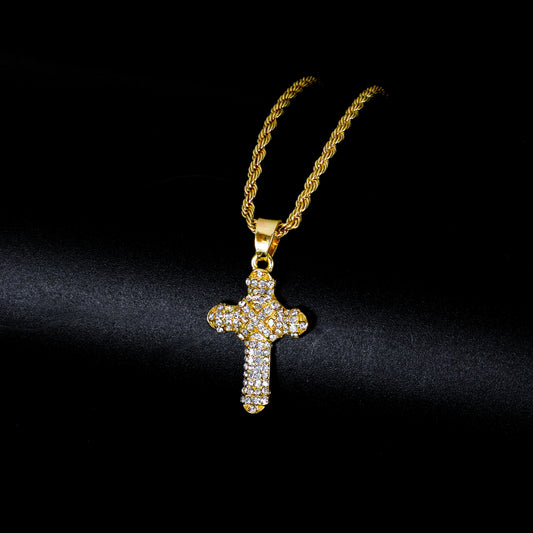 Iced Mini Cross Pendant with 3mm Rope Chain 24" - HC-265