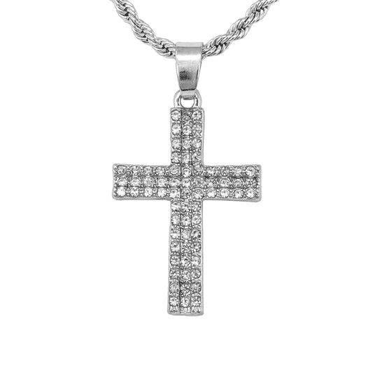 Iced Mini Cross Pendant with 3mm Rope Chain 24" - HC-268