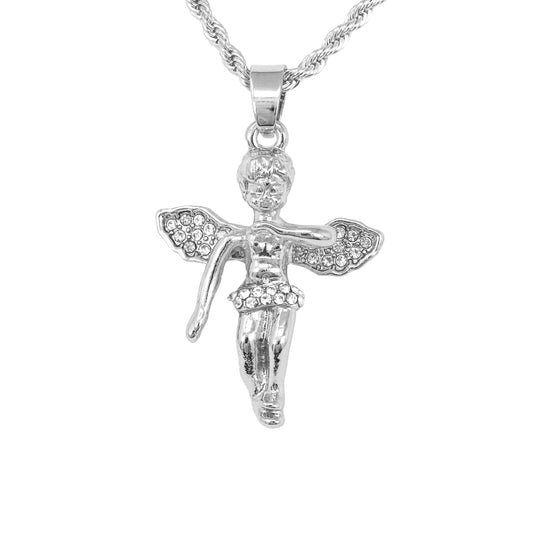 Iced Mini Angel Pendant with 3mm Rope Chain 24" - HC-275**