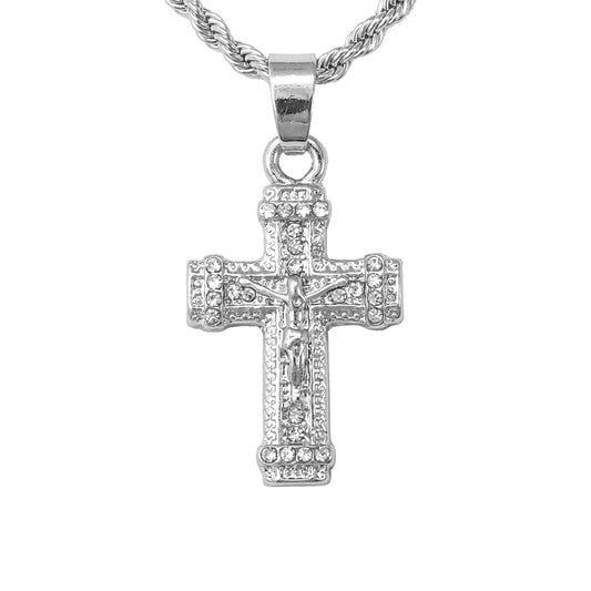 Iced Mini Crucifix Pendant with 3mm Rope Chain 24" - HC-335**