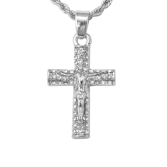 Iced Mini Crucifix Pendant with 3mm Rope Chain 24" - HC-336
